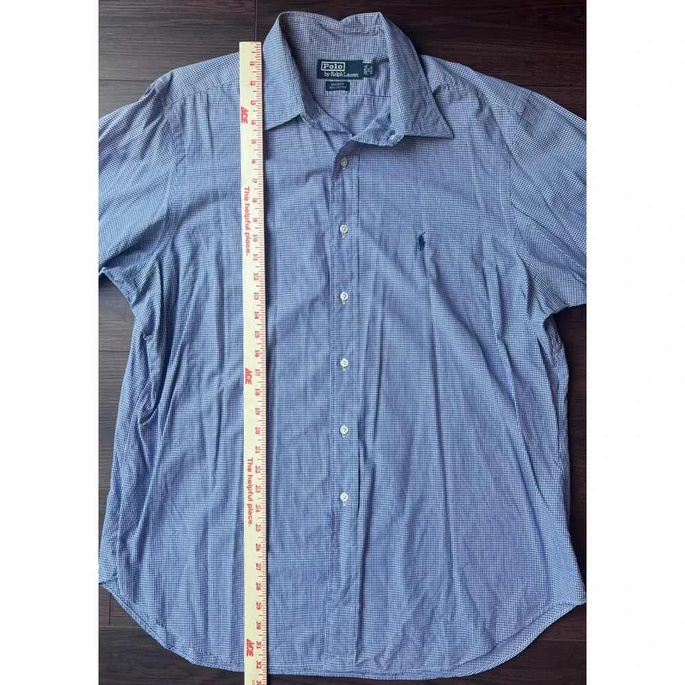 Polo Ralph Lauren Andrew Shirt Mens 17 34/35 Blue Gingham Cotton Button Down